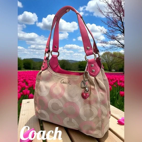 Coach F21920 Op Art Dotted Ashley Hobo Shoulder Bag Khaki Pink Branded Keychain - Picture 1 of 16